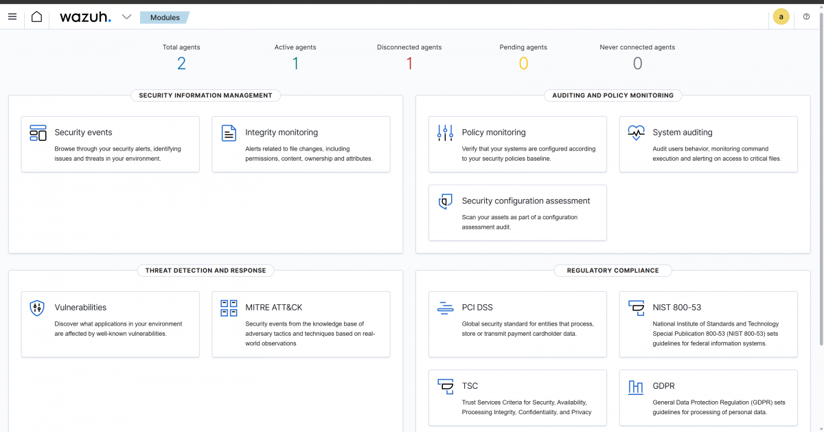wazuh dashboard main general informations agents and security alerts